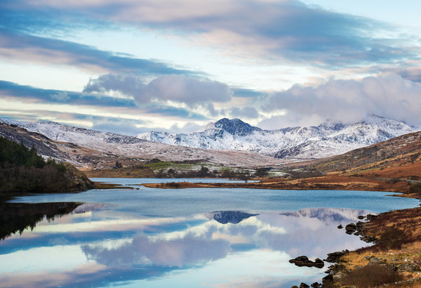 Landscape of Snowdonia showing mountains and lake