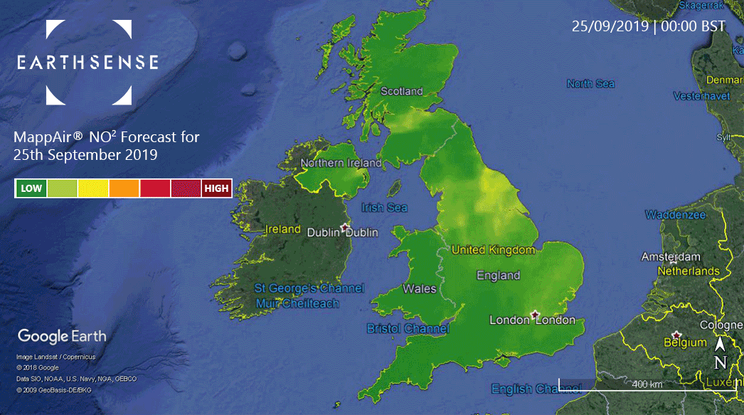 Map of UK showing NO2 forecast