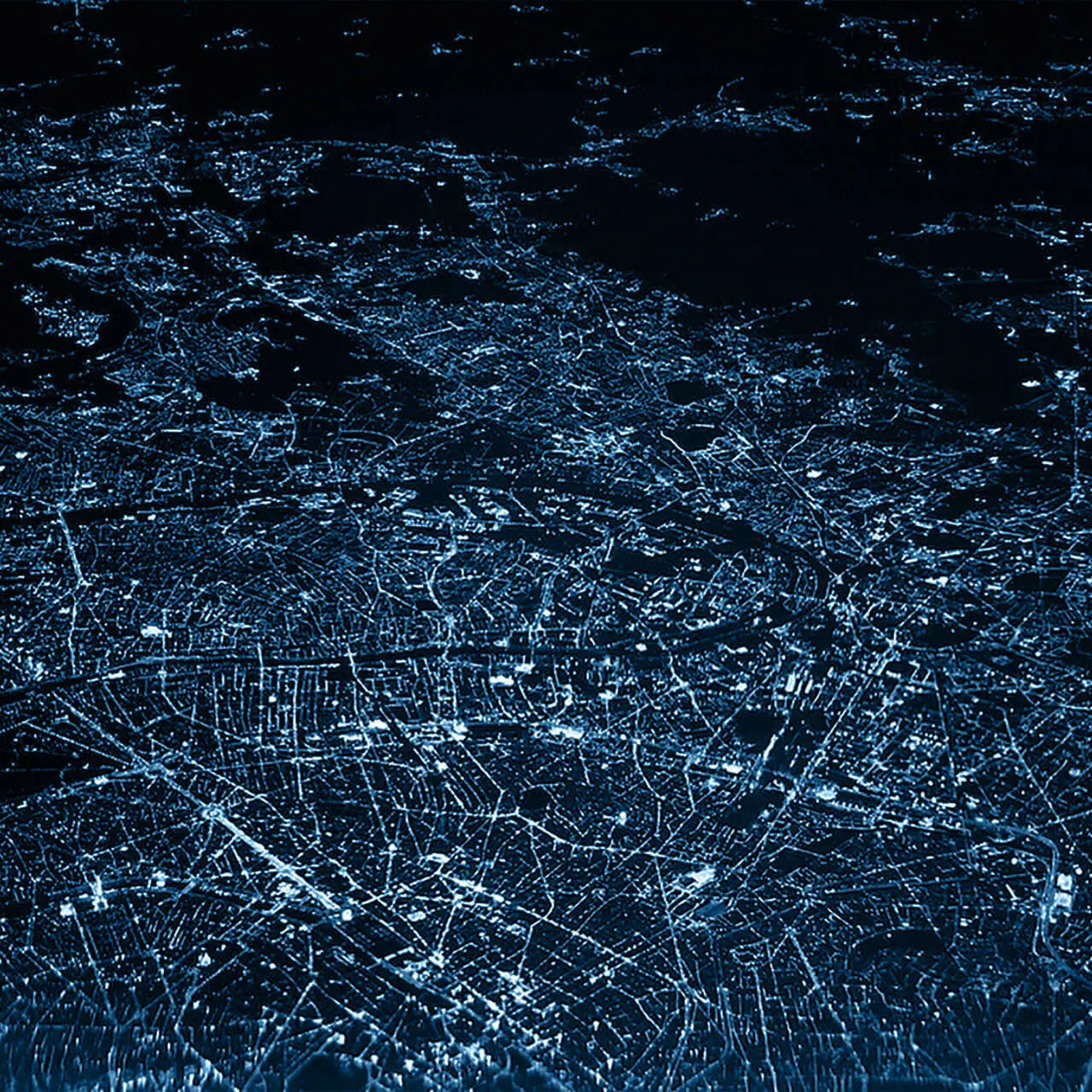 Aerial view of cityscape with graphic treatment