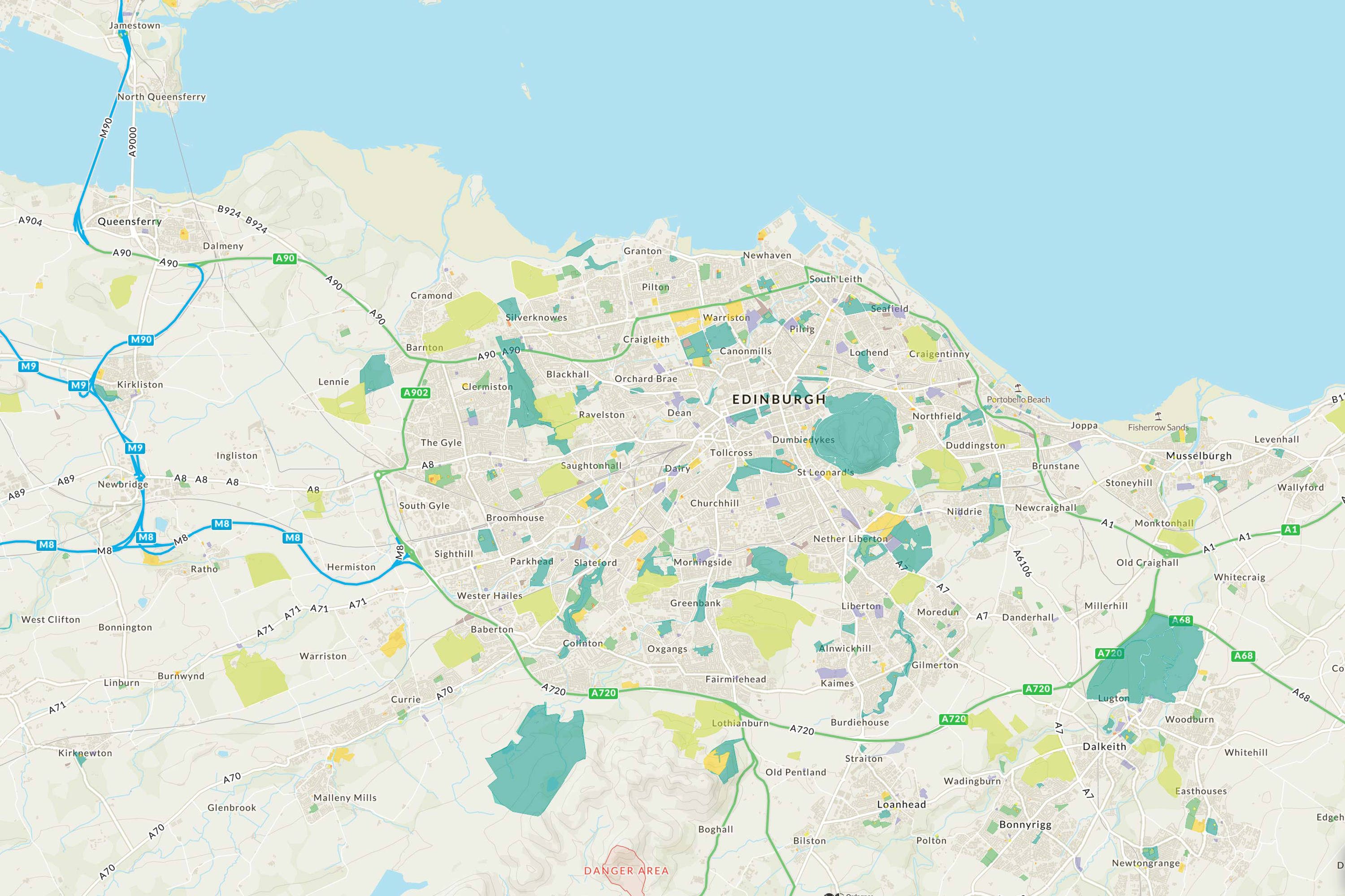 OS MasterMap Greenspace showing areas key to producing clean heat sources in Edinburgh