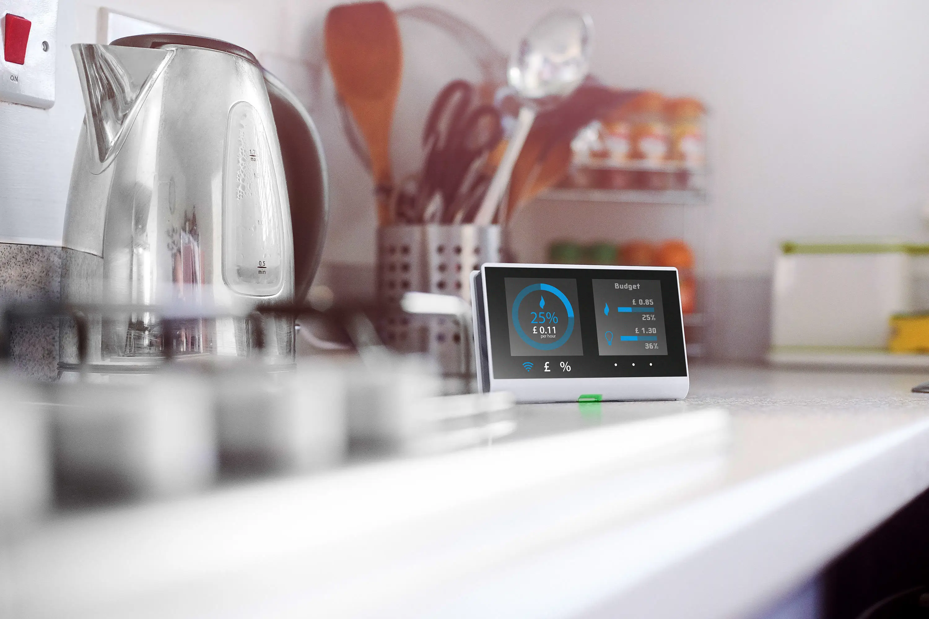 Kettle on kitchen bench with electricity smart meter
