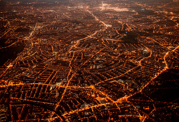Aerial view of London lit up at night