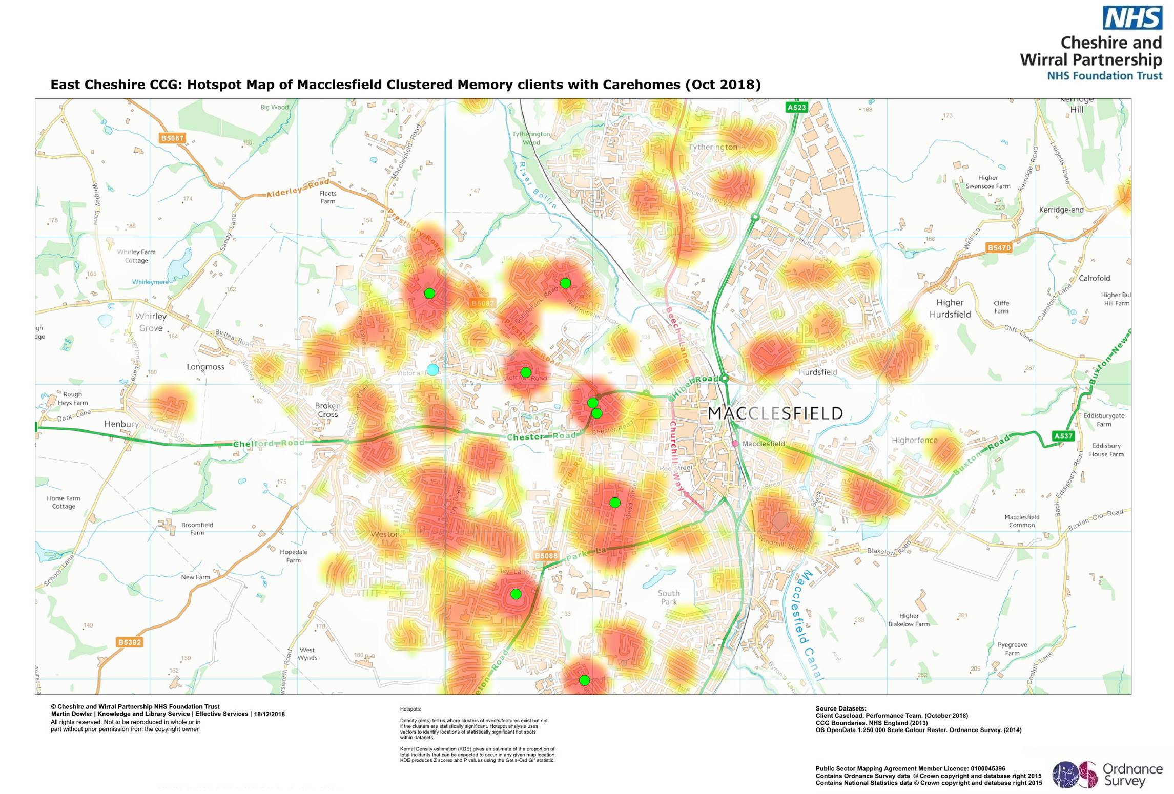 Map of Macclesfield (East Cheshire CCG), showing clustered memory clients with care homes