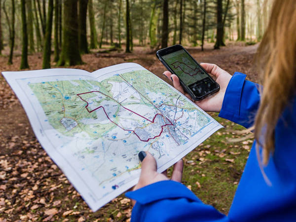 Lady holding map and mobile phone in forest showing OS map app