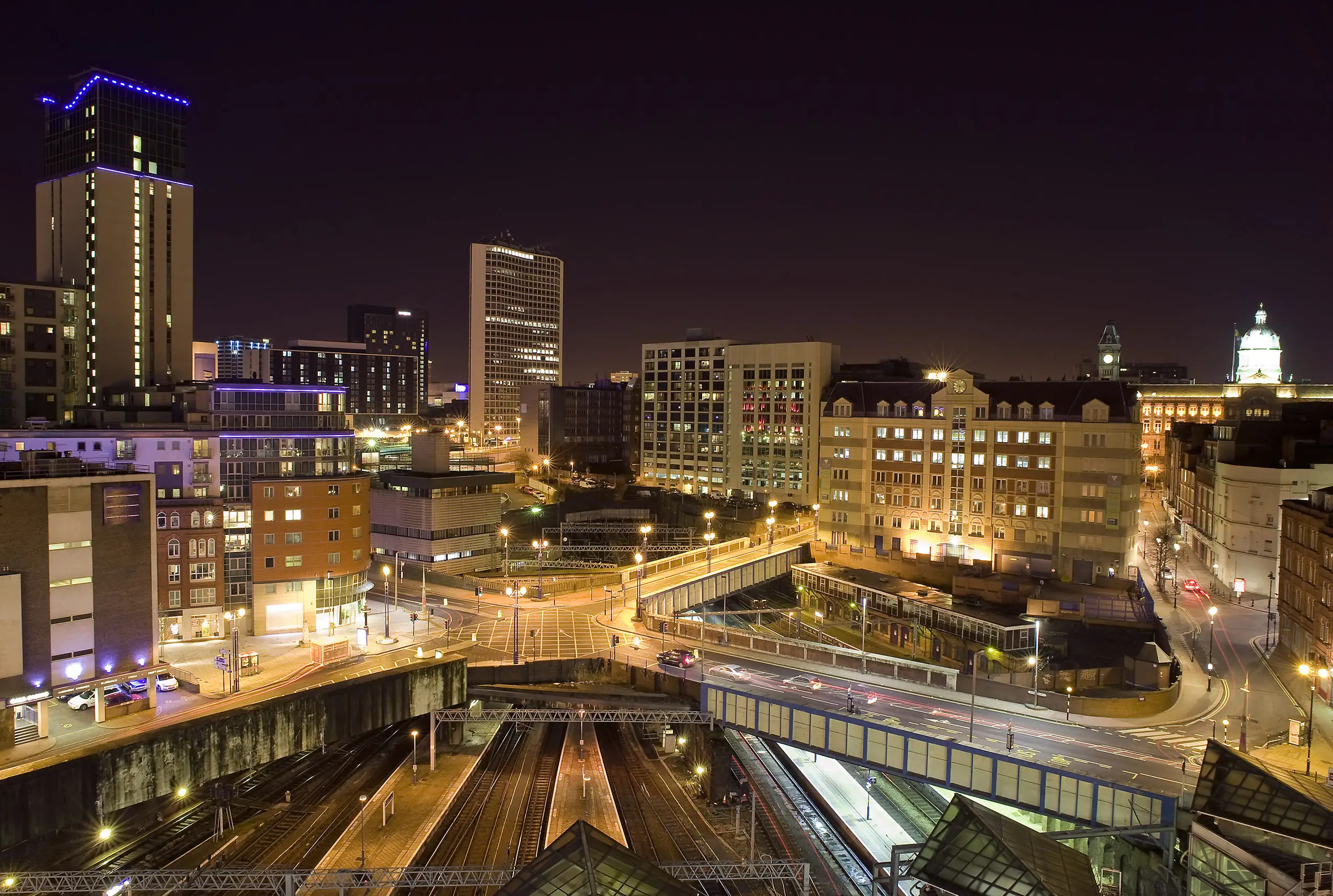 Inner Birmingham city landscape at night