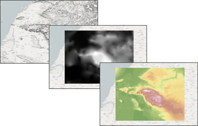 Contour data to DEM, to elevation polygons.