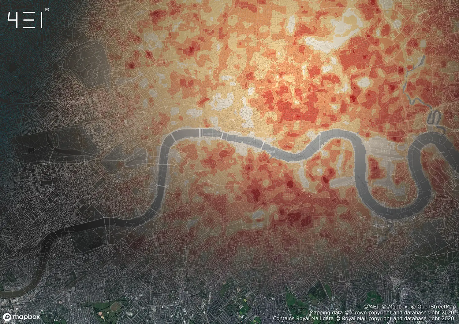 Heat Hazard Postcode Data over London with Satellite Imagery. © 4EI, © Mapbox, © OpenStreetMap Mapping Data © Crown copyright and database right 2020. Contains OS Data © Crown copyright and database right 2020. Royal Mail Data © Royal Mail copyright and database right 2020.