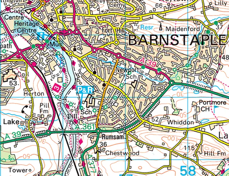 Sample of a map tile showing an area of Barnstaple