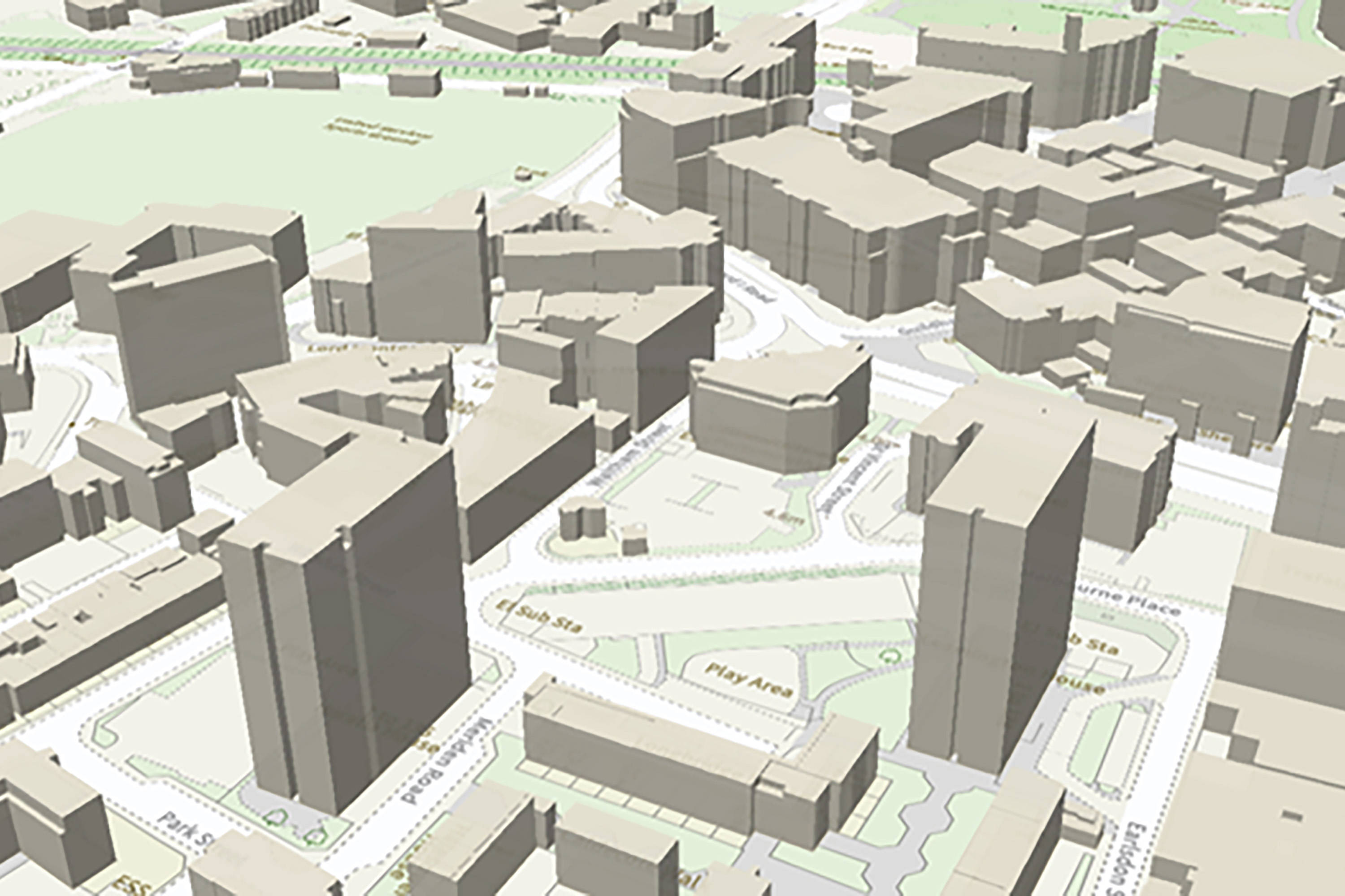 OS Vector Tile API with MasterMap buildings extruded to their roof heights.