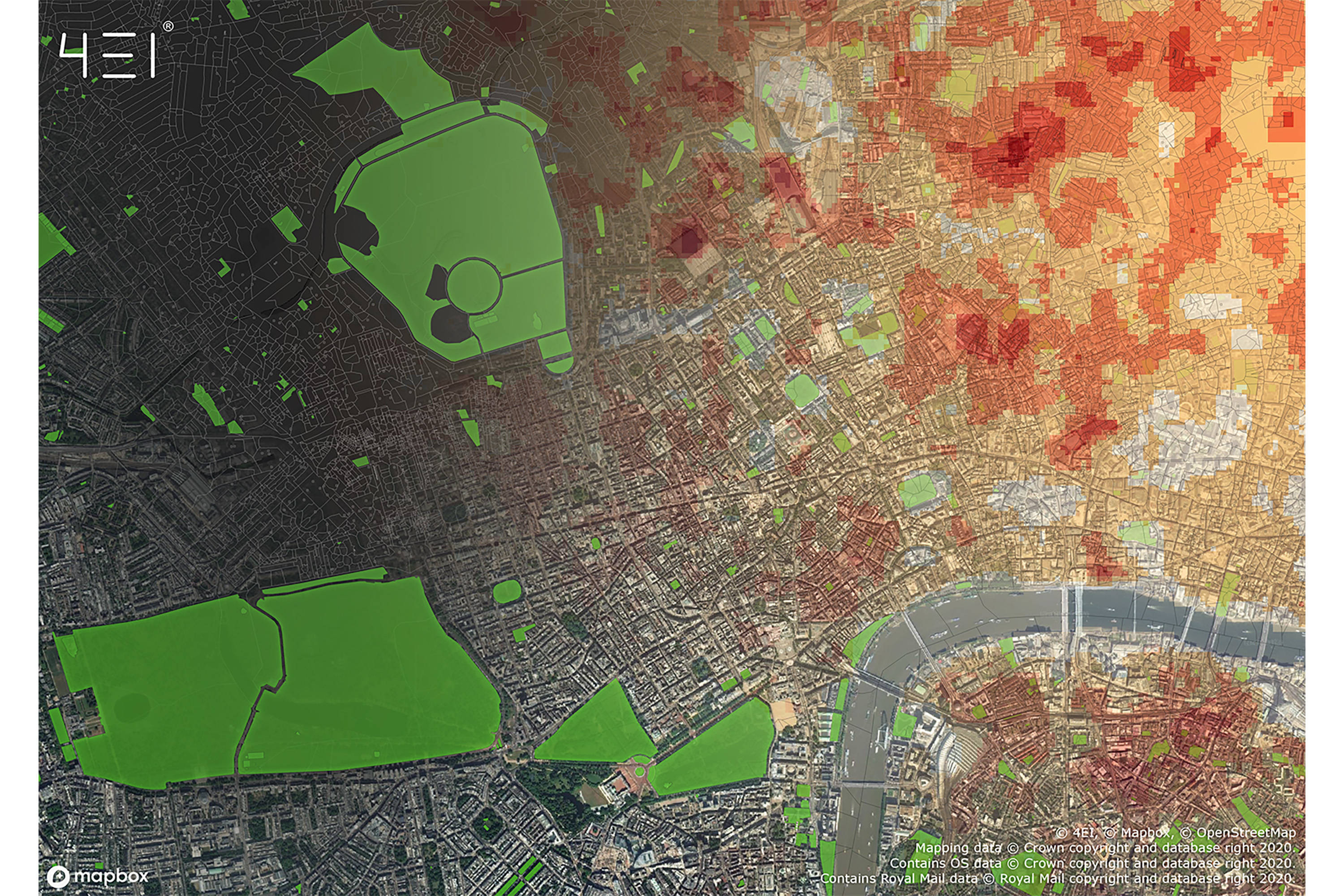 4 Earth Intelligence: Heat Hazard Postcode Data over London with Satellite Imagery and OS Greenspace vectors. © 4EI, © Mapbox, © OpenStreetMap Mapping Data © Crown copyright and database right 2020. Contains OS Data © Crown copyright and database right 2020. Royal Mail Data © Royal Mail copyright and database right 2020.