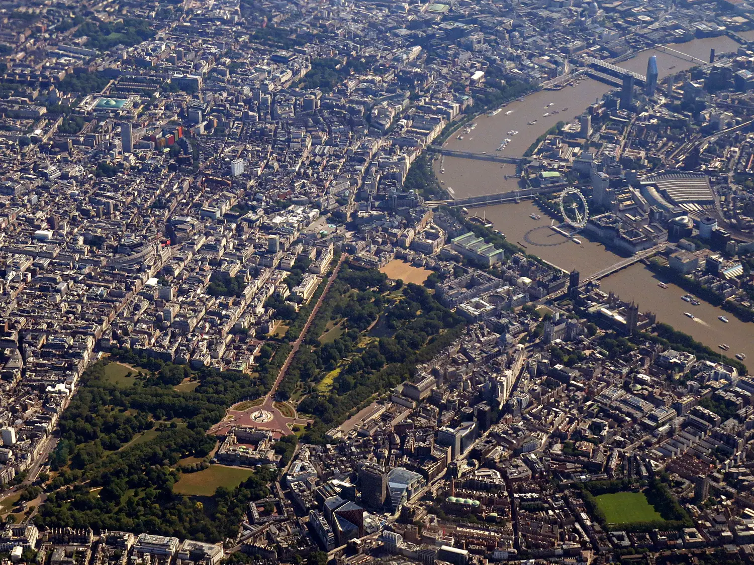 Aerial view of London with Buckingham Palace, the London Eye and the Thames