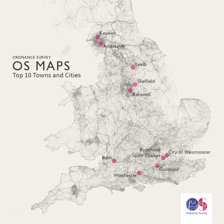The ten cities and towns in Britain with the most routes in OS Maps