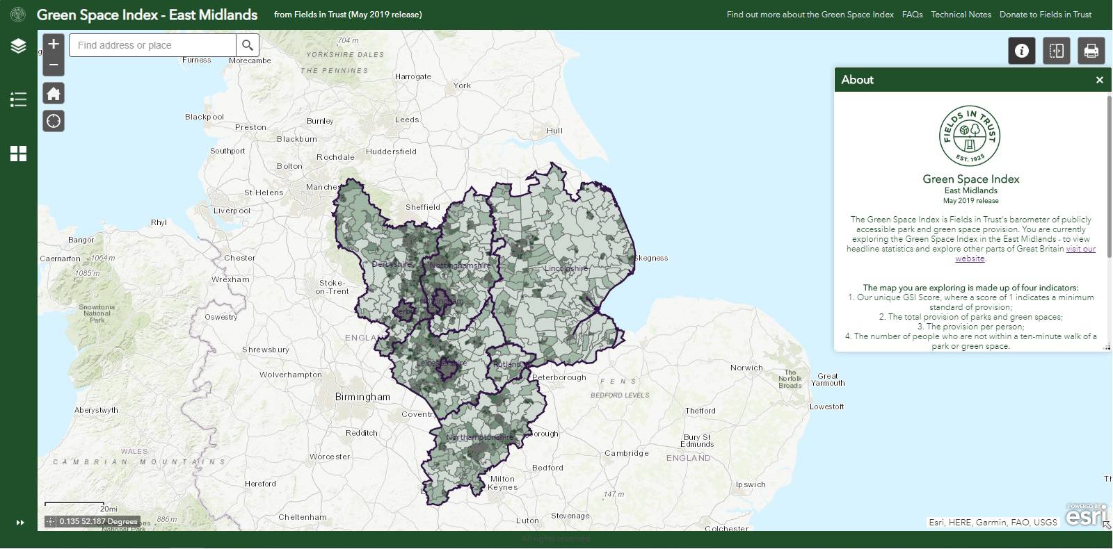East Midlands screenshot of the Green Space Index.