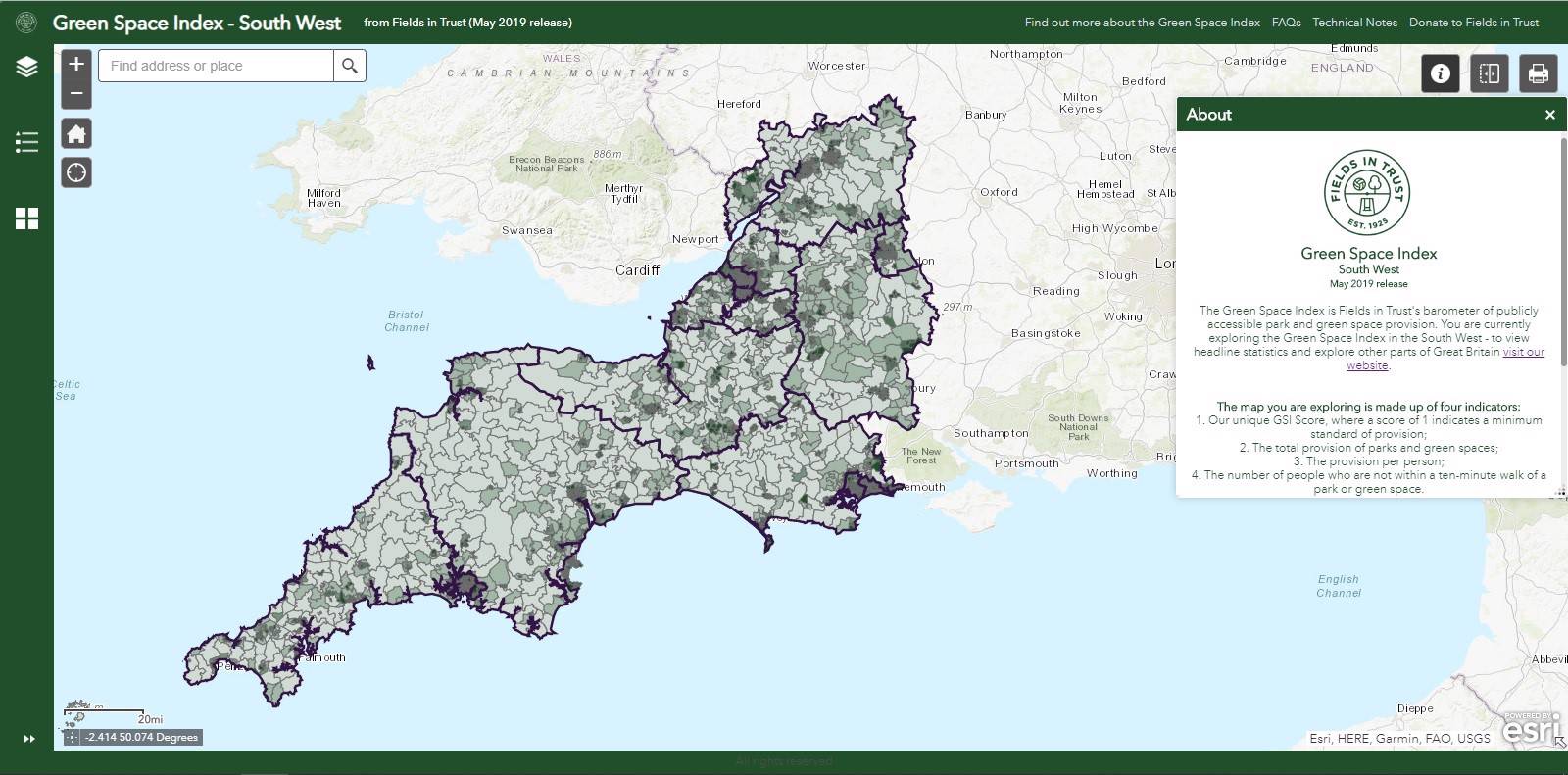 South West screenshot of the Green Space Index.