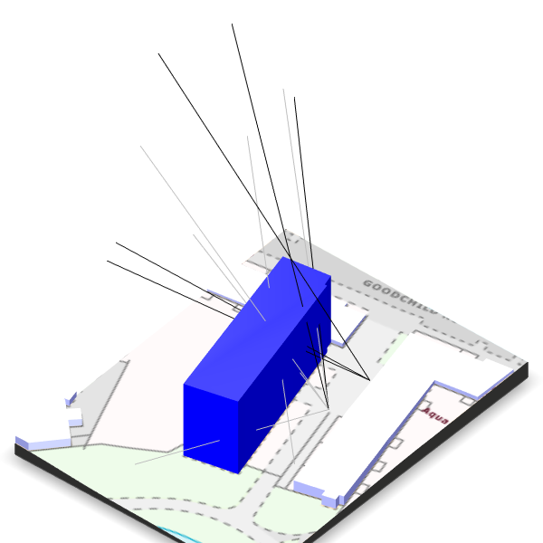 A 3D map showing the number of gps rays and the estimation of a building height for one of our test locations. Uses OS MasterMap for floorplans, the 5m DTM for ground elevation and has an OS raster overlay to give it some context.