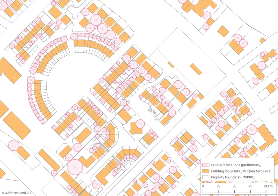 Map showing preliminary LandSafe landing locations for individual properties.
