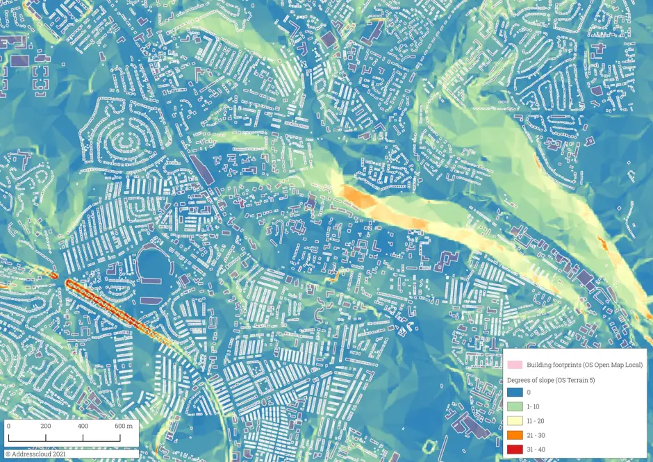 Addresscloud used OS Terrain 5 to measure slope over the study area and filter properties with flat ground suitable for landing.
