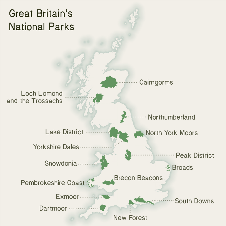 Map of Great Britain highlighting National Park locations