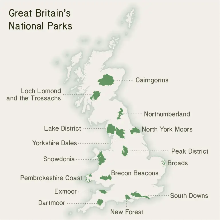Map of Great Britain highlighting National Park locations