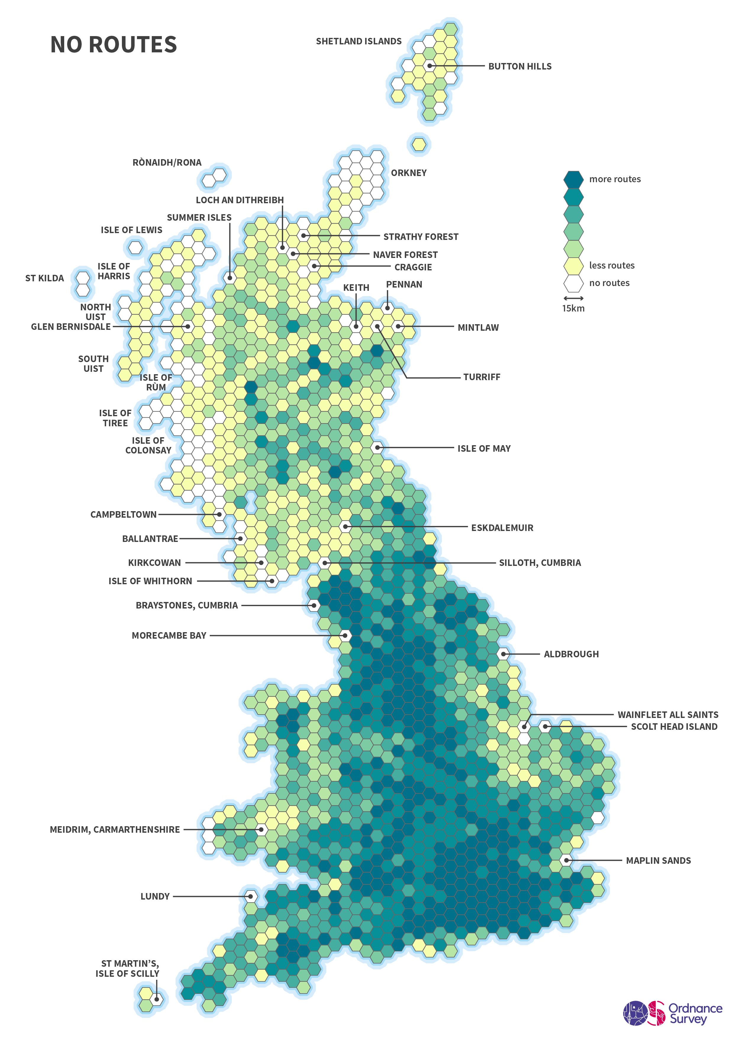 Data visualisation highlighting the places in Great Britain where no routes have started