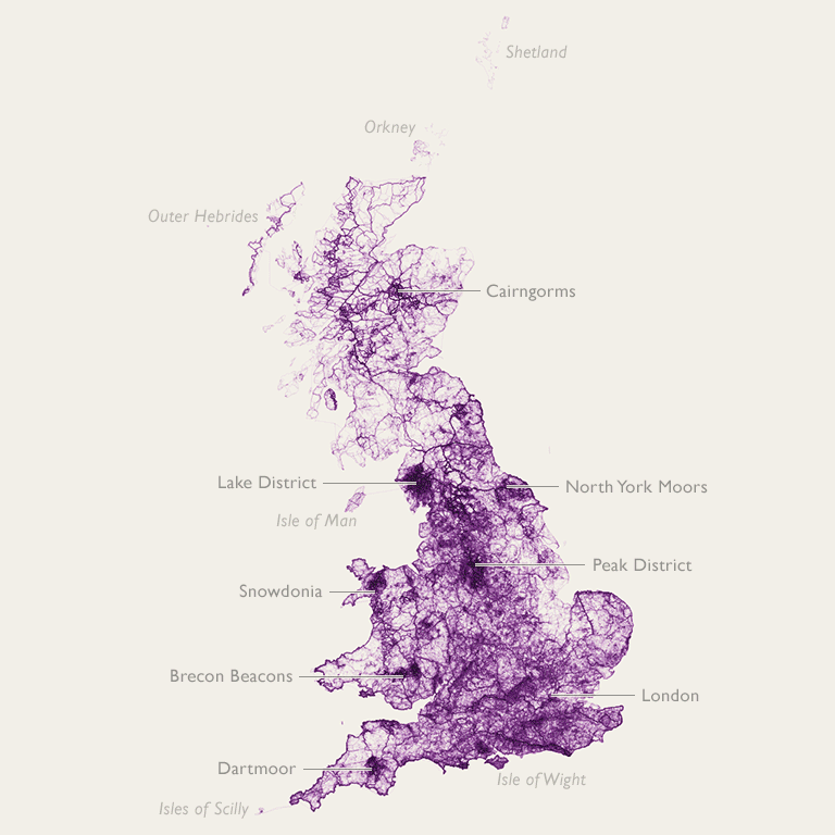 Animated gif showing the most popular grid squares for OS Maps routes - Snowdon and the Peak District