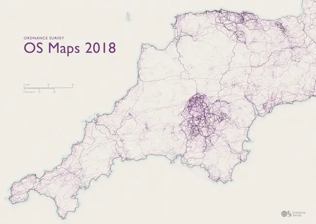 Data visualisation of OS Maps routes in the south west of Britain