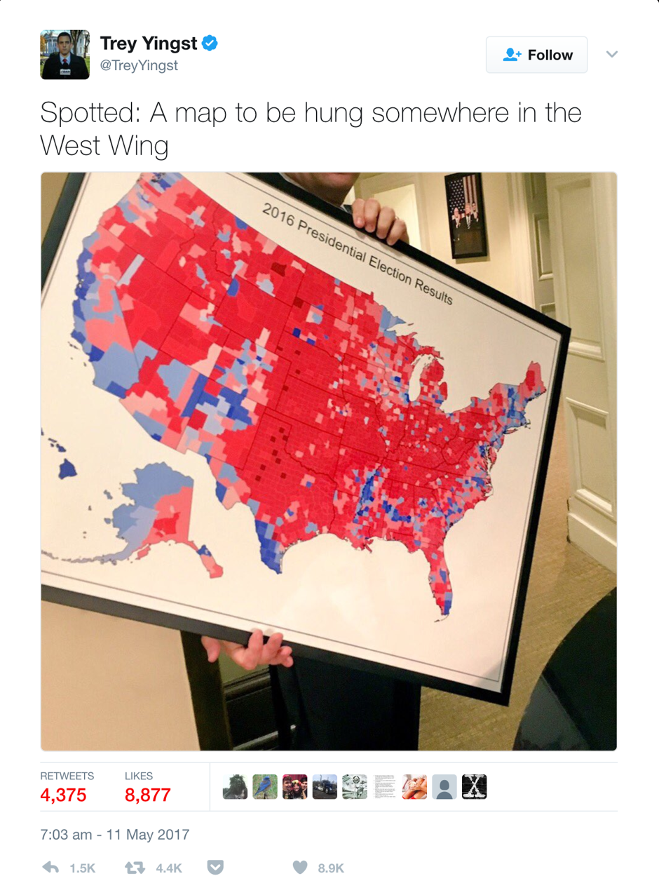 Donald Trump famously shared a choropleth map with reporters in 2016 that depicted the results of the 2016 elections.