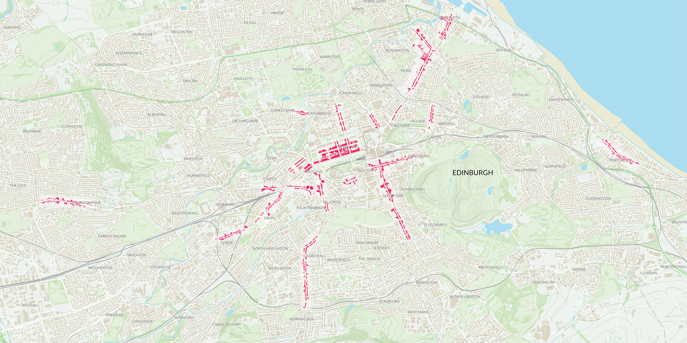 Map showing the location of Edinburgh's high streets