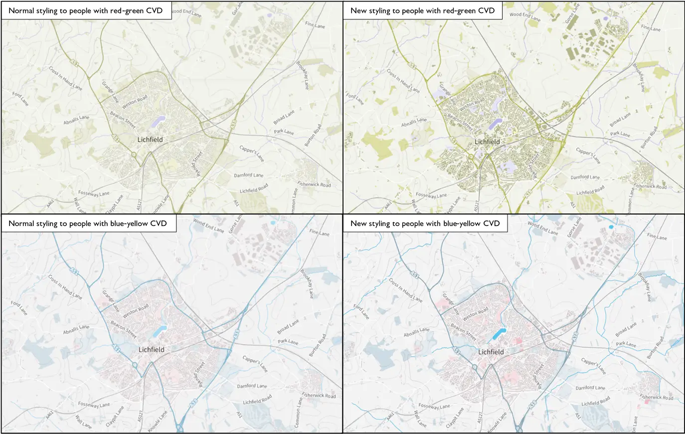 Table comparing existing and new map styling for CVD variants