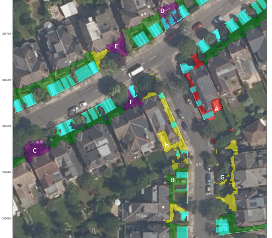 This data visualisation shows examples of the algorithm results validated against manual labelling: True Positives (green), True Negative (yellow), False Positive (red), False Negative (purple), parking rectangle overlap where fitted (cyan), roadside access linestring (white).