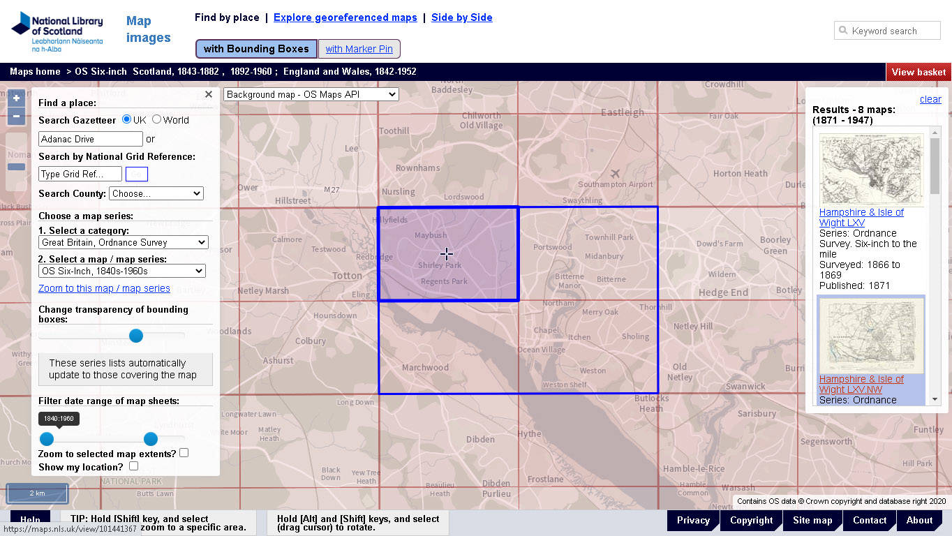 Searching for historic OS maps covering OS’s current headquarters using the NLS Find by Place viewer.