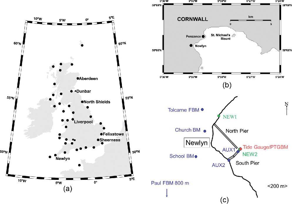 Map of 43 stations. (a) The 43 stations of the main present-day National Tide Gauge Network (also known as the “A Class Network”) shown by dots, indicating the location of Newlyn in SW England and some other long-term tide gauge stations mentioned in the text. Dunbar is not included in the present National Network and is shown by a triangle. Felixstowe is also not in the present network but is close to the station at Harwich shown by a dot. (b) Map showing the location of Newlyn on the south coast of Cornwall to the south-west of the larger town of Penzance. (c) Sketch of Newlyn harbour showing the North and South Piers, Tidal Observatory, and the locations of benchmarks.