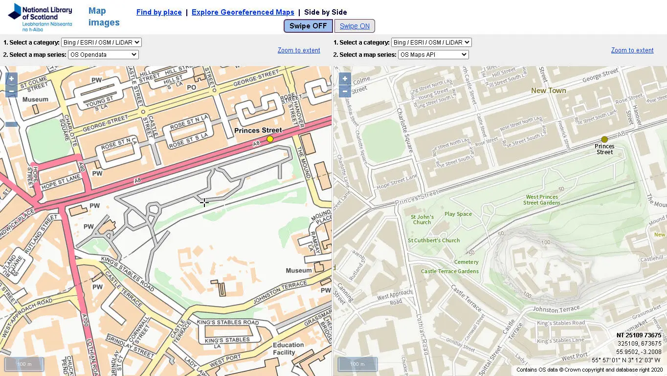 Comparing Open Map Local to the Light style from the new OS Maps API for central Edinburgh.