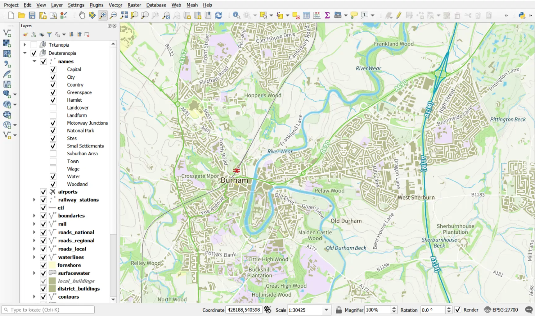 Deuteranopia (Red-Green) layers being used in GIS software.