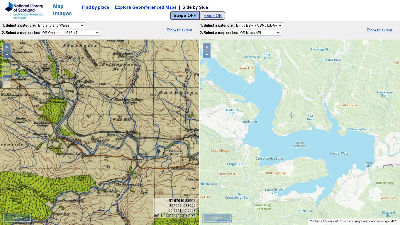Comparing OS One-Inch New Popular mapping from 1947 with the OS Maps API for Kielder Water, Northumberland.