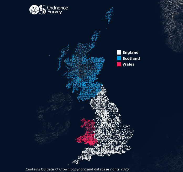 Trig pillars of GB on a map
