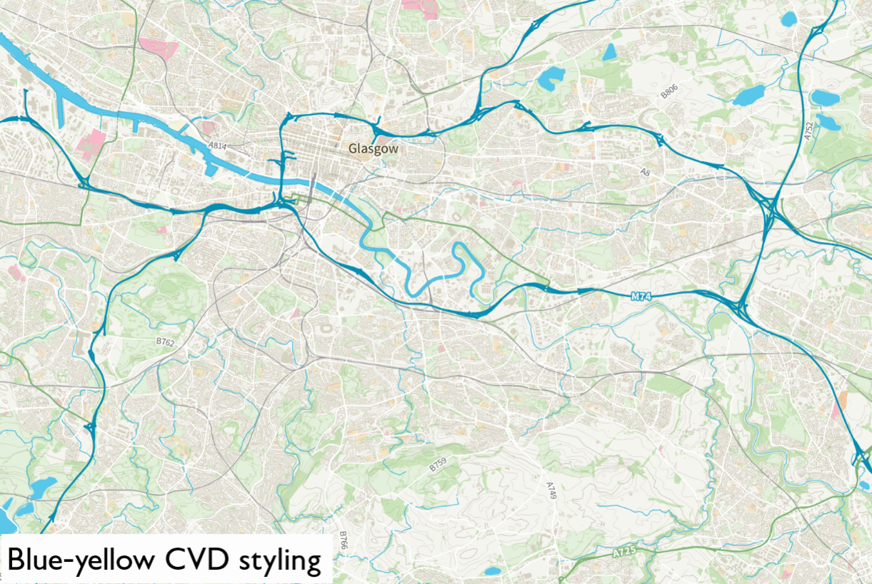 Blue yellow CVD styling on an urban map