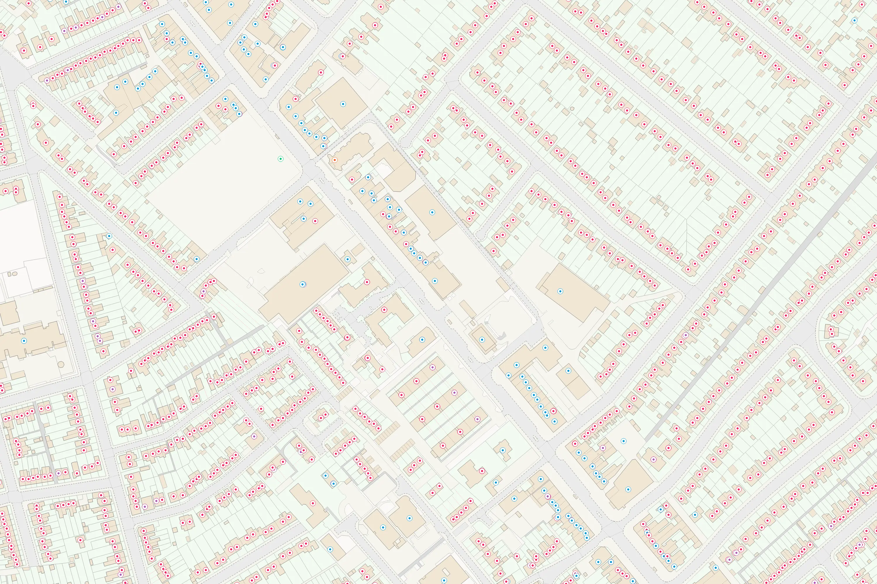 Aerial map view of residential addresses