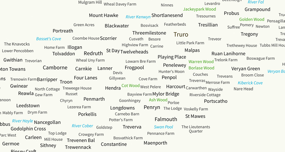 Map of Cornwall using OS Open Names