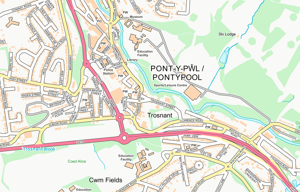 Map of Pontypool from OS Open Map - Local