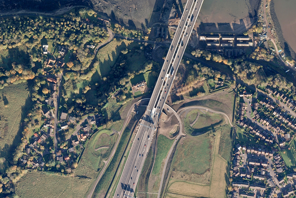Aerial view of Queens Ferry Crossing Bridge with cars