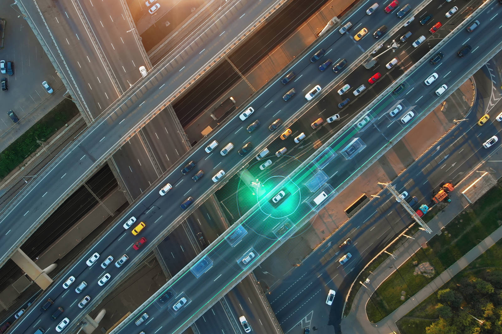 Aerial view of cars on roads digital