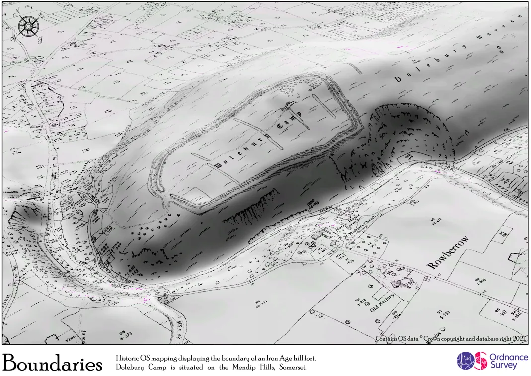 Historic OS data overlaid on an OS Terrain5 DEM displaying the boundary of an Iron Age hill fort, Dolebury camp.