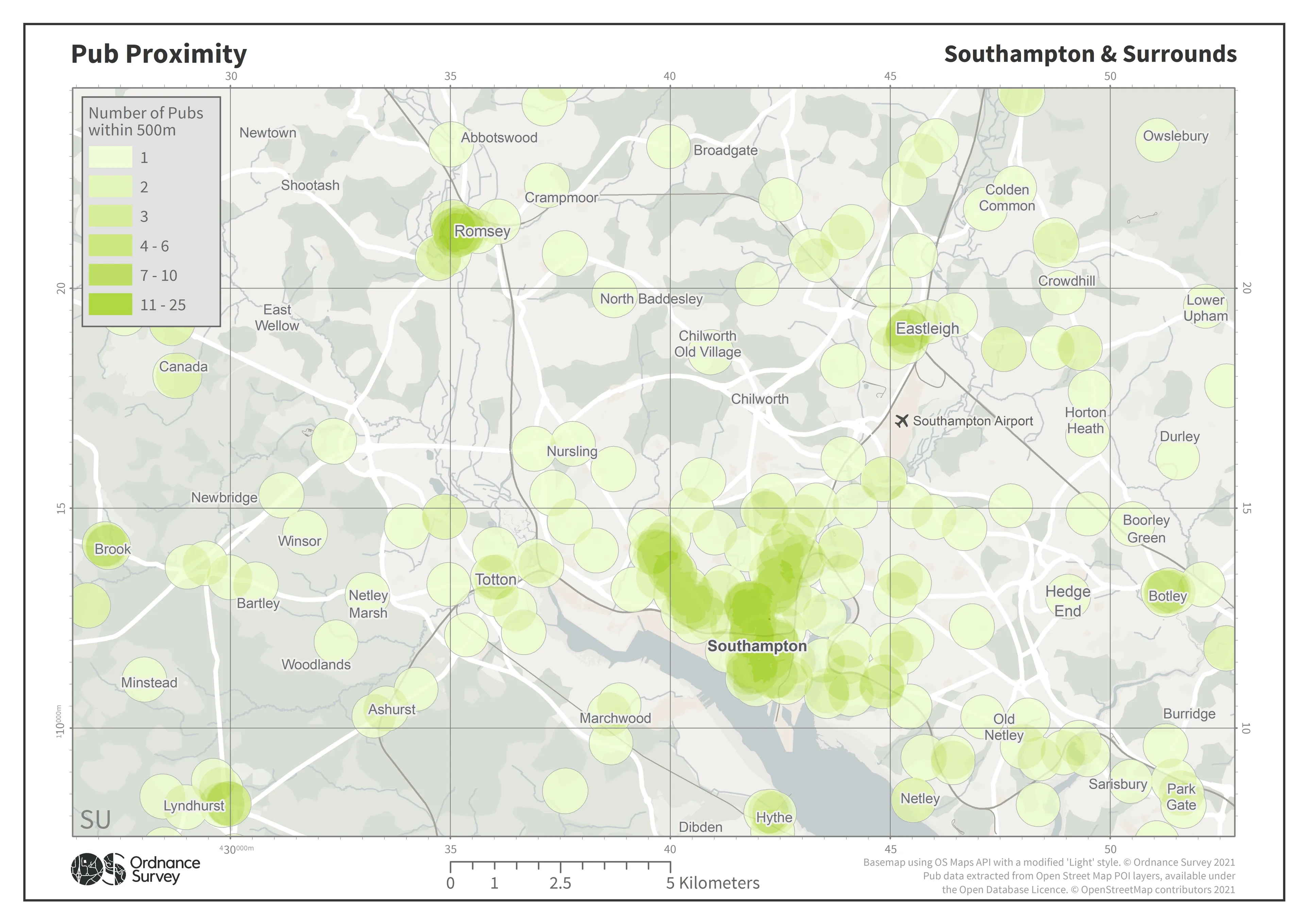 Basemap of OS Maps API visualising pub proximity in the Southampton area