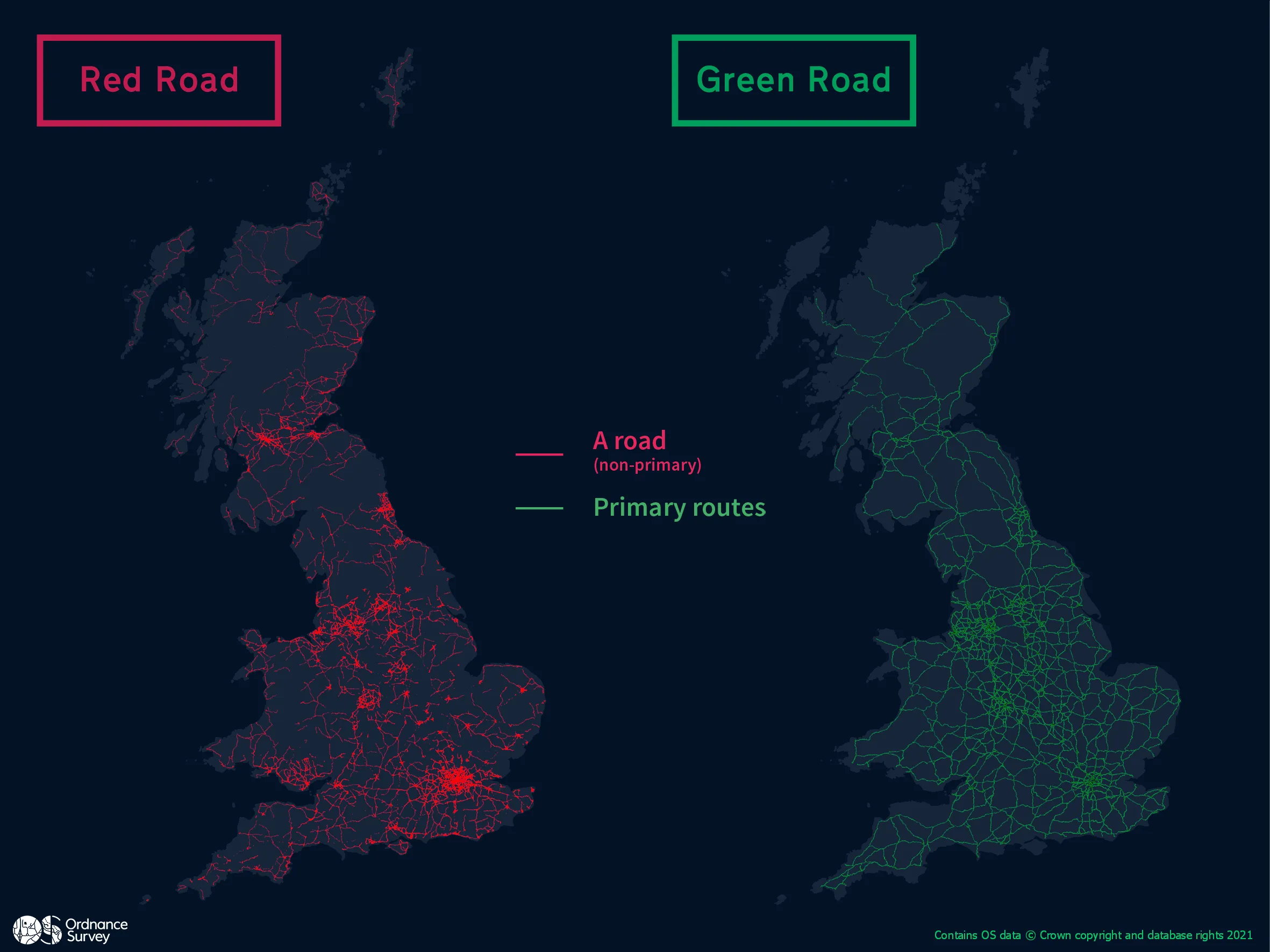 Side-by-side maps of Britain showing A roads and primary routes
