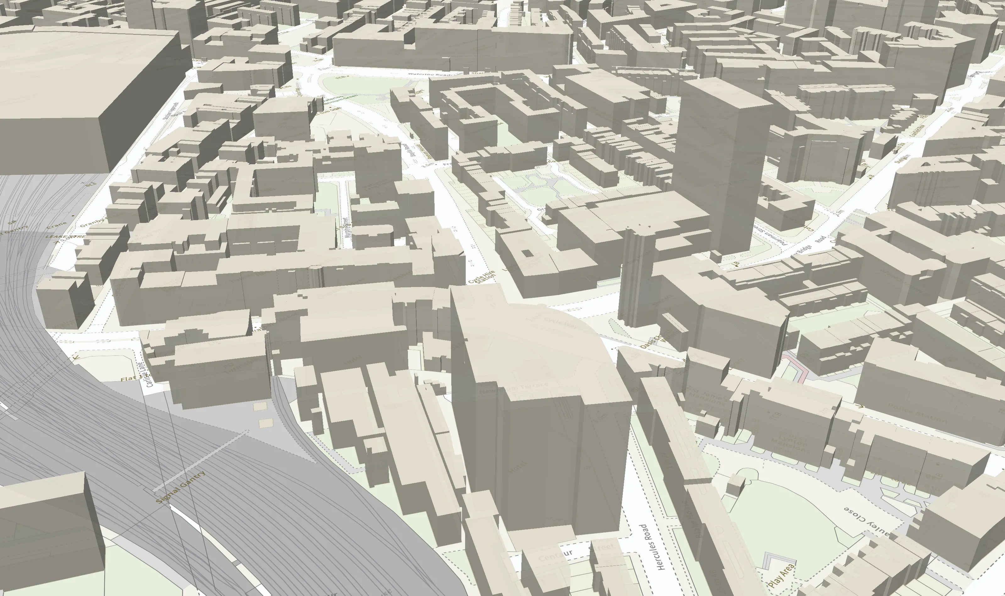 Map rotated at an angle to show 3D dimensions and building height