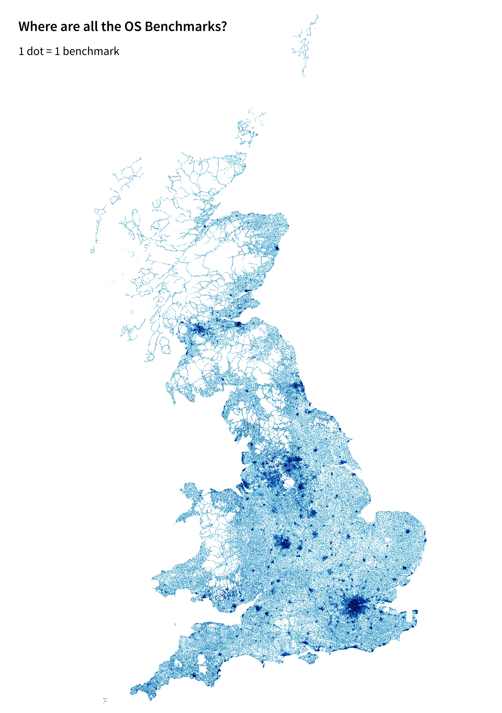 OS map depicting all of the locations of benchmarks across Great Britain.