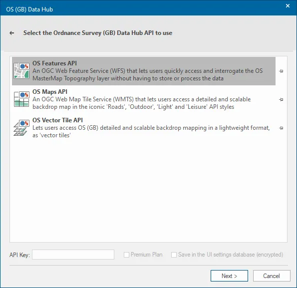 Screenshot of OS (GB) Data Hub window, with OS Features API selected