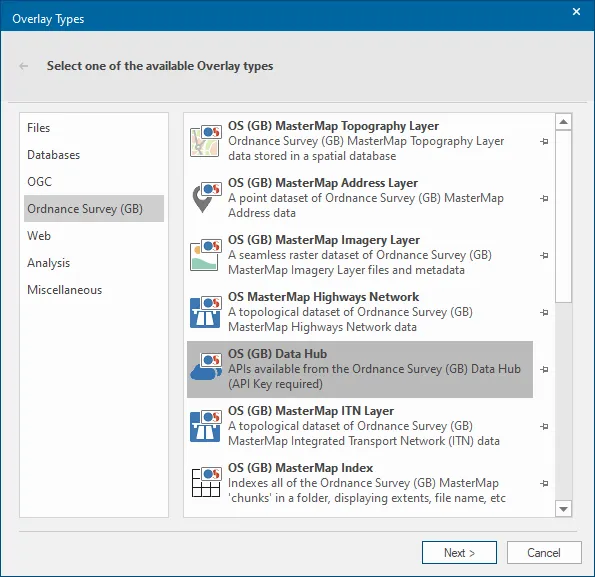 Overlay types screenshot, with OS (GB) Data Hub selected