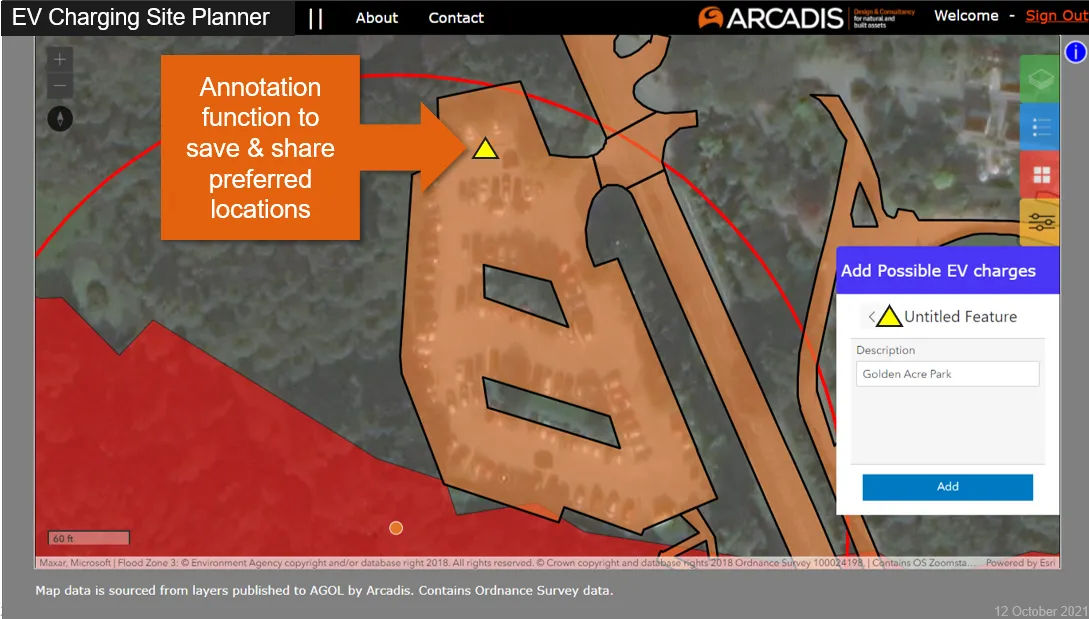 Screenshot of the Arcadis EV charging site planner